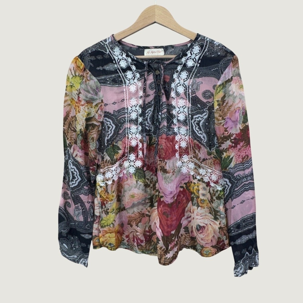 All About Her Floral Paisley Blouse Womens M Pink Boho Cottagecore Viscose Top